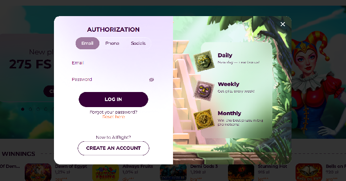 allright casino login